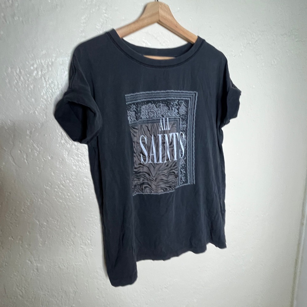 AllSaints Gray Cuffed Graphic T-Shirt Box Logo Cotton Tee Mens M/L Womens L - Picture 2 of 9